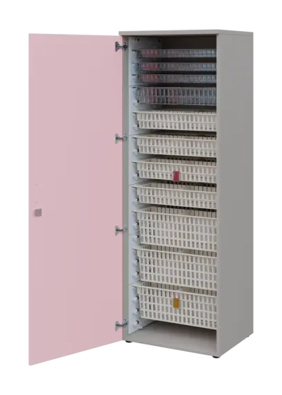 EUROMEDICA D - 66 skříň léková boxová, 1-dveřová, levá, 1950x660x535, korpus šedý, dvířka pastelově růžová